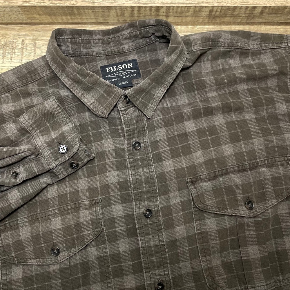 Filson Mens XXL Plaid Flannel Button Shirt Brown Cotton Workwear Long Sleeve GUC